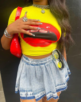 Pleated skirt gradient denim skirt