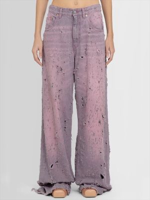 Burn Flower High Waist Straight Barrel Perforated Washed Jeans