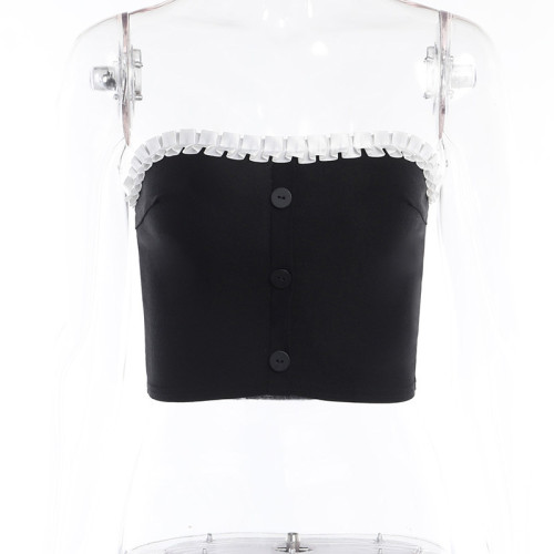 Hollow out contrasting pleated lace top