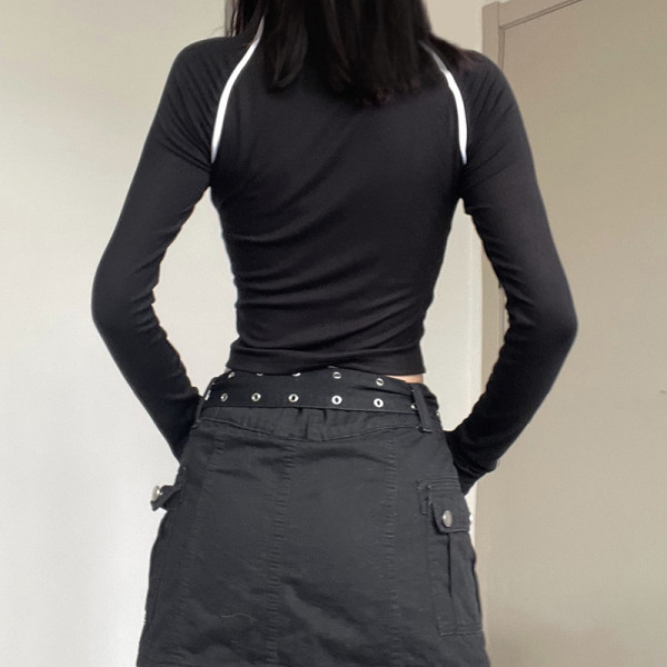 Letter embroidered zipper long sleeved T-shirt