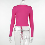 Round neck mesh long sleeved lace cut open back top