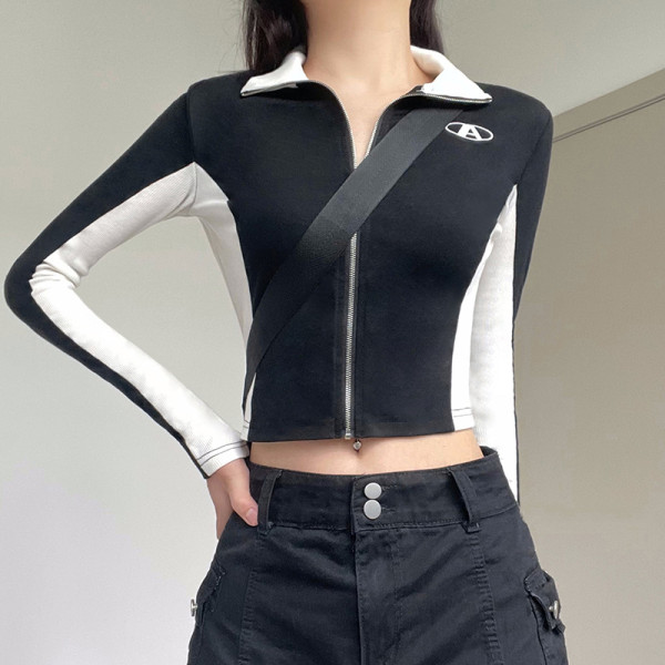 Letter embroidered zipper long sleeved T-shirt