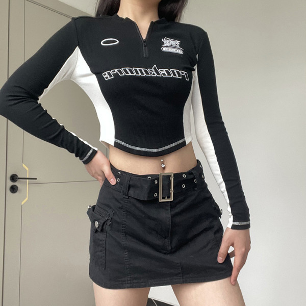 Zipper Long Sleeve Short Top