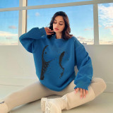 Round neck long sleeved pullover solid color printed sweater