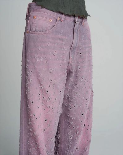 Burn Flower High Waist Straight Barrel Perforated Washed Jeans