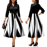 Digital printed V-neck medium sleeved women's dress
