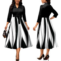 Digital printed V-neck medium sleeved women's dress