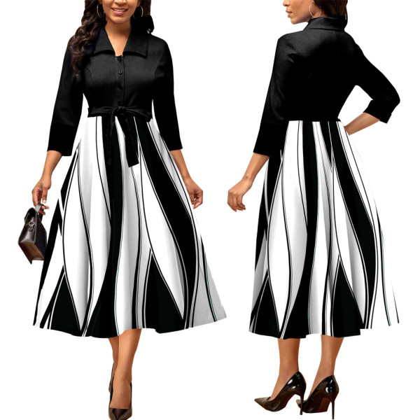 Digital printed V-neck medium sleeved women's dress