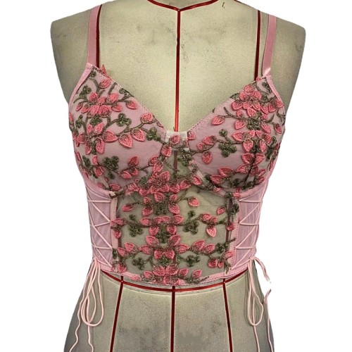 Embroidered flower lace up vest