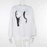Round neck long sleeved pullover solid color printed sweater