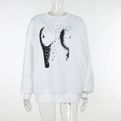 Round neck long sleeved pullover solid color printed sweater
