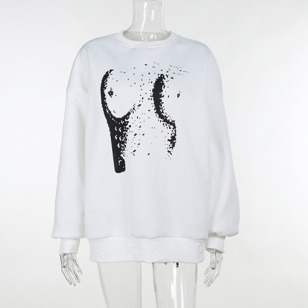 Round neck long sleeved pullover solid color printed sweater
