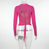 Round neck mesh long sleeved lace cut open back top