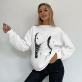 Round neck long sleeved pullover solid color printed sweater