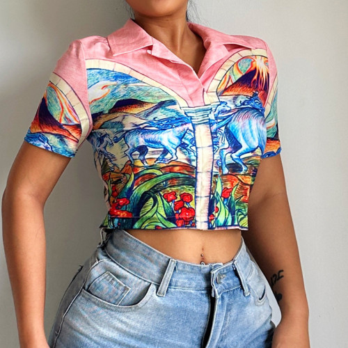 POLO lapel short sleeved navel exposed shirt