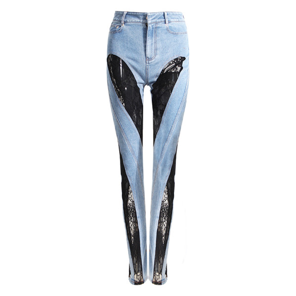 Contrast stitching lace high waisted jeans and pants
