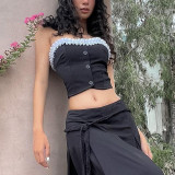 Hollow out contrasting pleated lace top