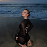 Round neck mesh long sleeved lace cut open back top