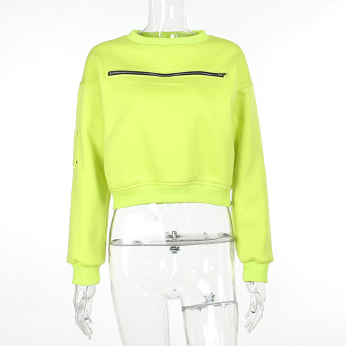 Solid color long sleeved top zippered pullover sweater