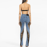 Contrast stitching lace high waisted jeans and pants