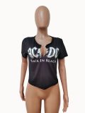 Women's solid color printed open neck top