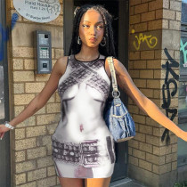 Human body printed sleeveless slim fitting round neck short dress