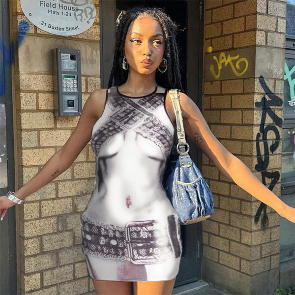 Human body printed sleeveless slim fitting round neck short dress