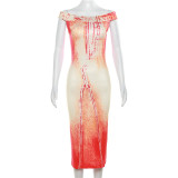 Printed Off Shoulder Round Neck High Waist Slim Fit Dress