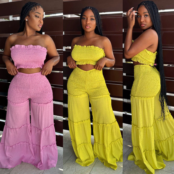 Wood ear edge patchwork bra pants two-piece set