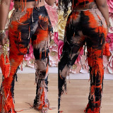 Fashionable tassels with holes and tight casual pants