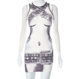 Human body printed sleeveless slim fitting round neck short dress