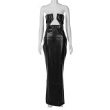 Solid PU Leather One Line Neck Sexy Hollow Out Split Bra Dress