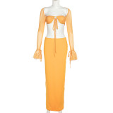 Square Neck Long Sleeve Open Back T-shirt Slim Fit Wrap Hip Half Skirt Set