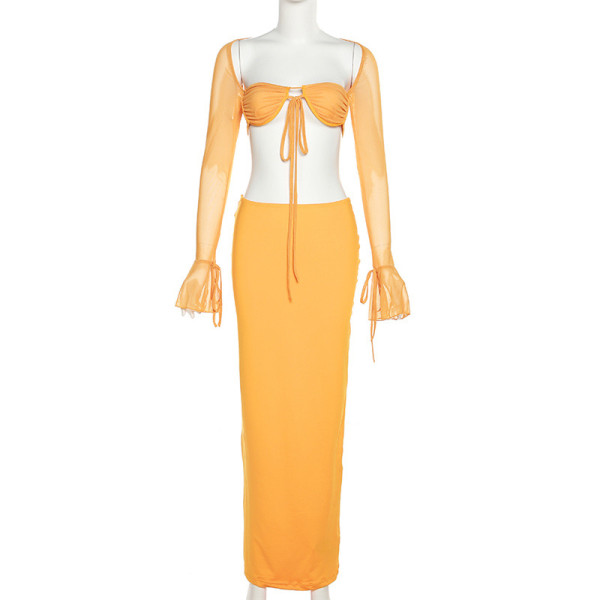 Square Neck Long Sleeve Open Back T-shirt Slim Fit Wrap Hip Half Skirt Set
