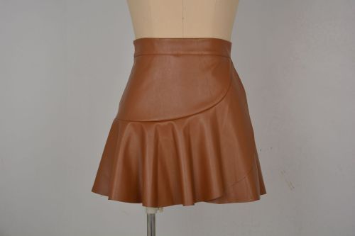 PU High Waist Ruffled Irregular Leather Skirt Half length Skirt