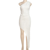 One Shoulder Sleeves Irregular Hem Slim Fit Wrap Hip Dress