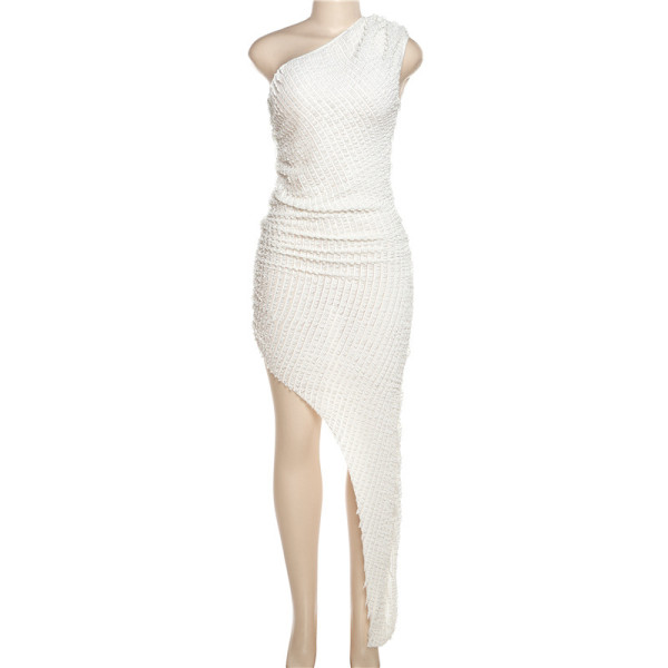 One Shoulder Sleeves Irregular Hem Slim Fit Wrap Hip Dress