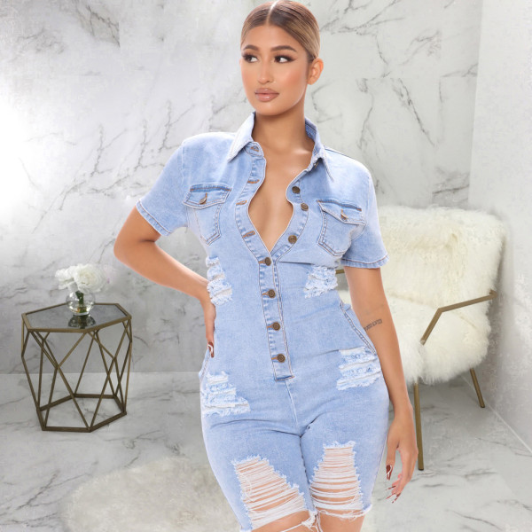 Perforated denim jumpsuit shorts