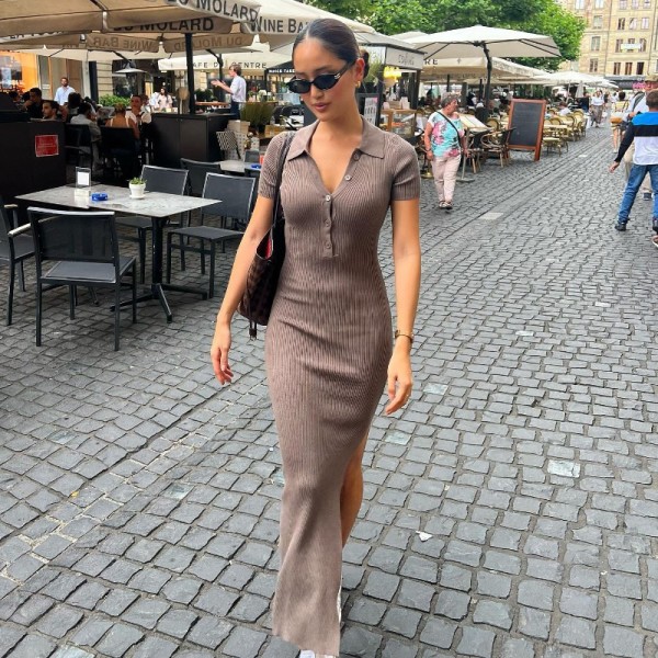 Lapel single breasted split leg length slim fitting buttocks dress