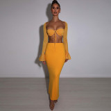 Square Neck Long Sleeve Open Back T-shirt Slim Fit Wrap Hip Half Skirt Set