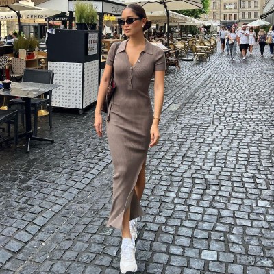Lapel single breasted split leg length slim fitting buttocks dress