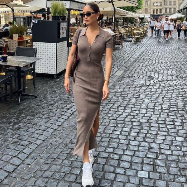 Lapel single breasted split leg length slim fitting buttocks dress