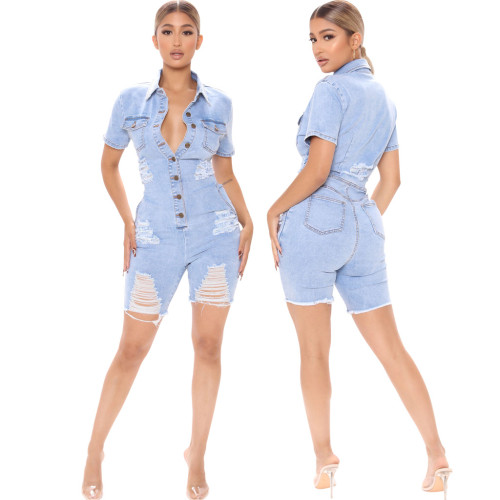 Perforated denim jumpsuit shorts