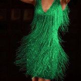 Deep V Sleeveless Pencil Skirt Fringe Midskirt