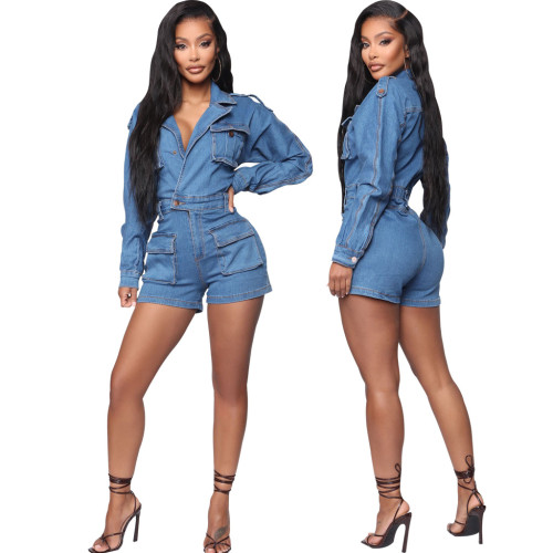 Denim jumpsuit shorts with belt