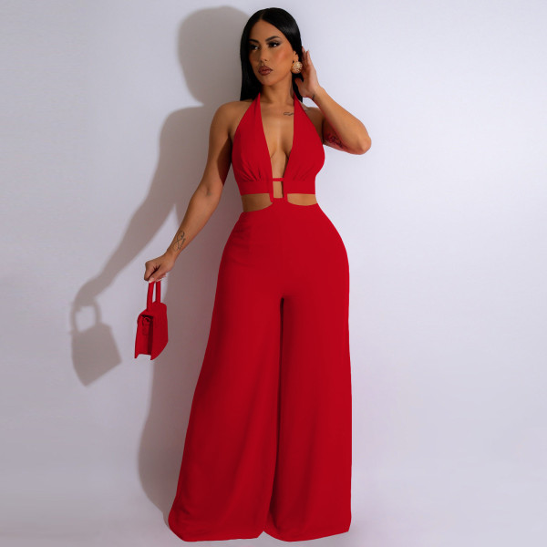 Solid color strapping neck wrap chest button wide leg jumpsuit