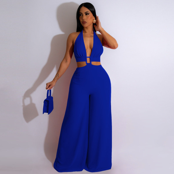 Solid color strapping neck wrap chest button wide leg jumpsuit