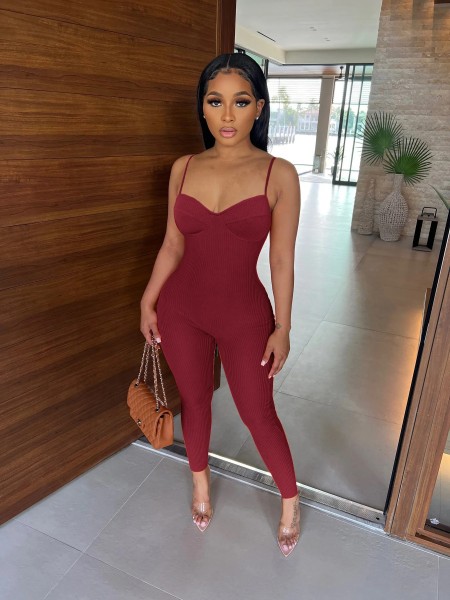 Solid V-neck elastic small pit stripe sexy jumpsuit pants with straps