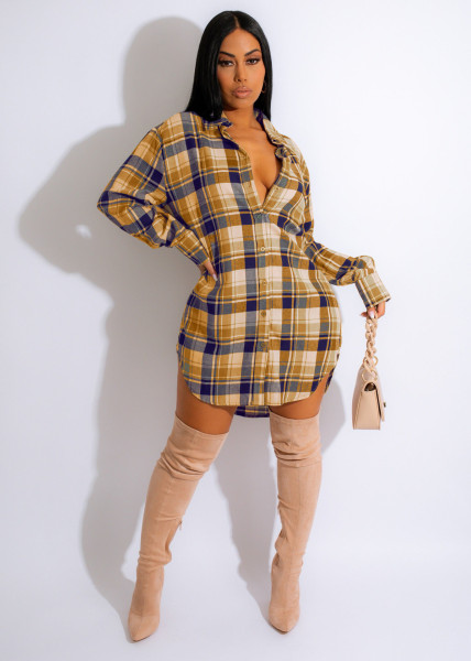 Loose classic plaid lapel shirt dress