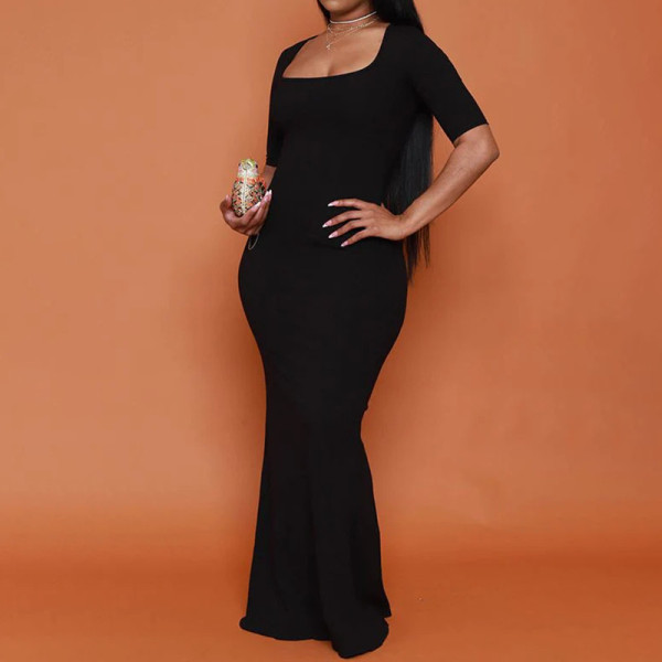 Square neck A-line high waisted slim fitting short sleeved fishtail dress